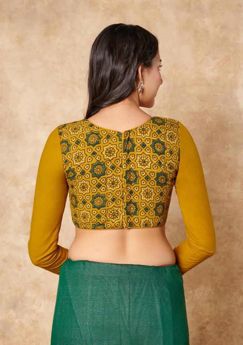 Yellow Hand Block Printed Ajrakh Pure Cotton Round Neck Readymade Blouse