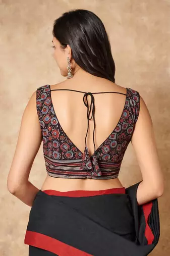 Black Hand Block Printed Ajrakh Pure Cotton V Neck Readymade Blouse