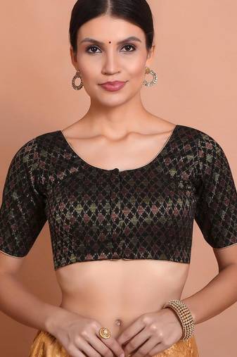 Black Brocade Round Neck Readymade Padded Blouse