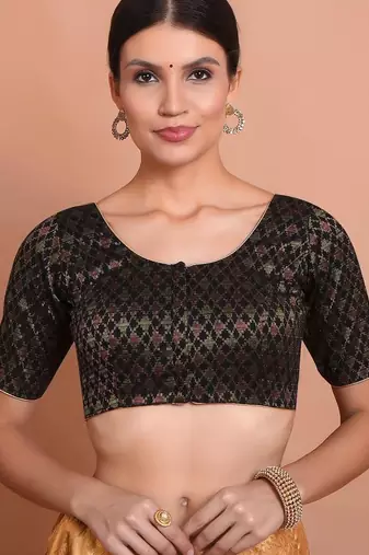Black Brocade Round Neck Readymade Padded Blouse