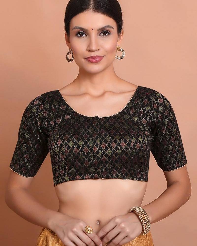 Black Brocade Round Neck Readymade Padded Blouse