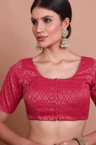 Pink Brocade Round Neck Readymade Padded Blouse