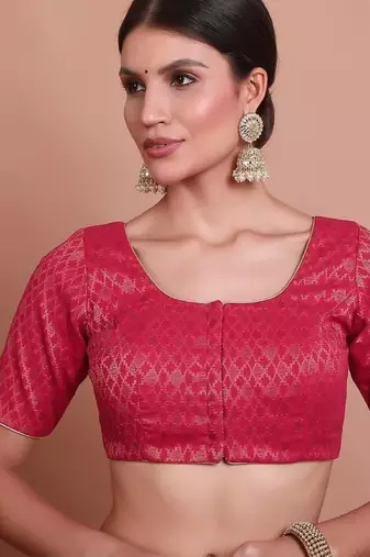 Pink Brocade Round Neck Readymade Padded Blouse