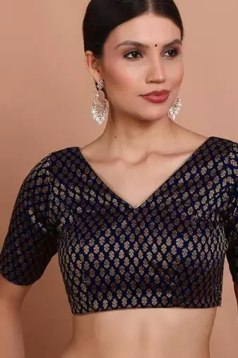 Navy Blue Brocade V Neck Readymade Blouse