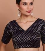 Navy Blue Brocade V Neck Readymade Blouse