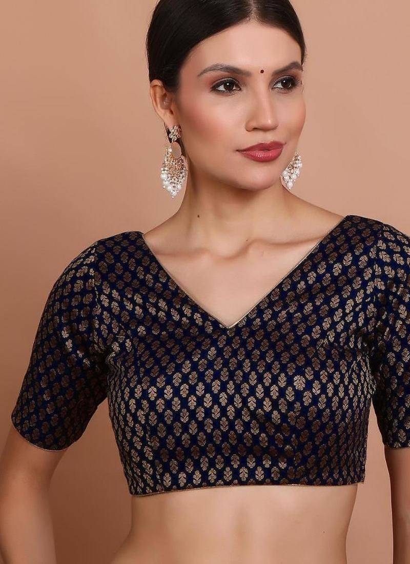 Navy Blue Brocade V Neck Readymade Blouse