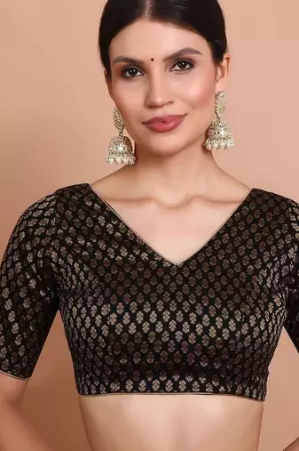 Black Brocade V Neck Readymade Blouse