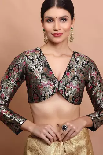 Black Brocade V Neck Readymade Padded Blouse