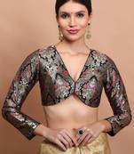 Black Brocade V Neck Readymade Padded Blouse