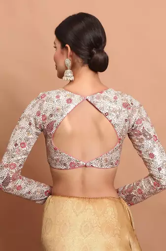 White Georgette Embroidered V Neck Readymade Blouse