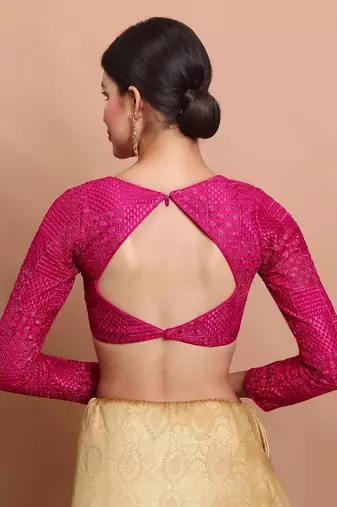Pink Georgette Embroidered V Neck Readymade Blouse
