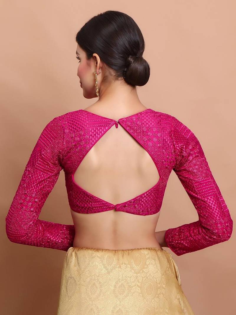 Pink Georgette Embroidered V Neck Readymade Blouse