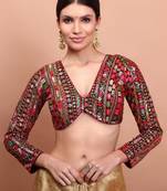 Wine Georgette Embroidered V Neck Readymade Blouse