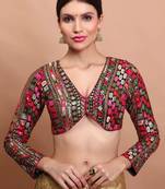 Green Georgette Embroidered V Neck Readymade Blouse