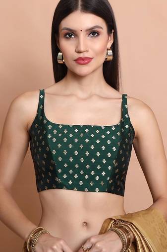 Green Brocade Sleeveless Readymade Blouse