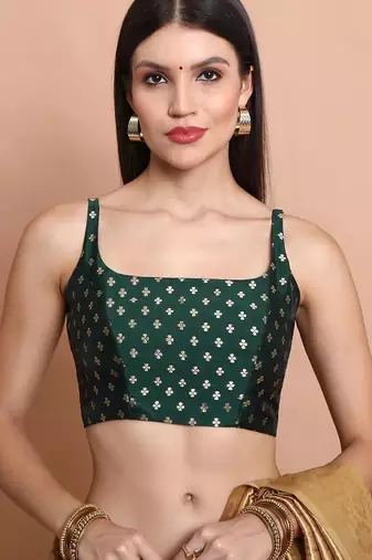 Green Brocade Sleeveless Readymade Blouse