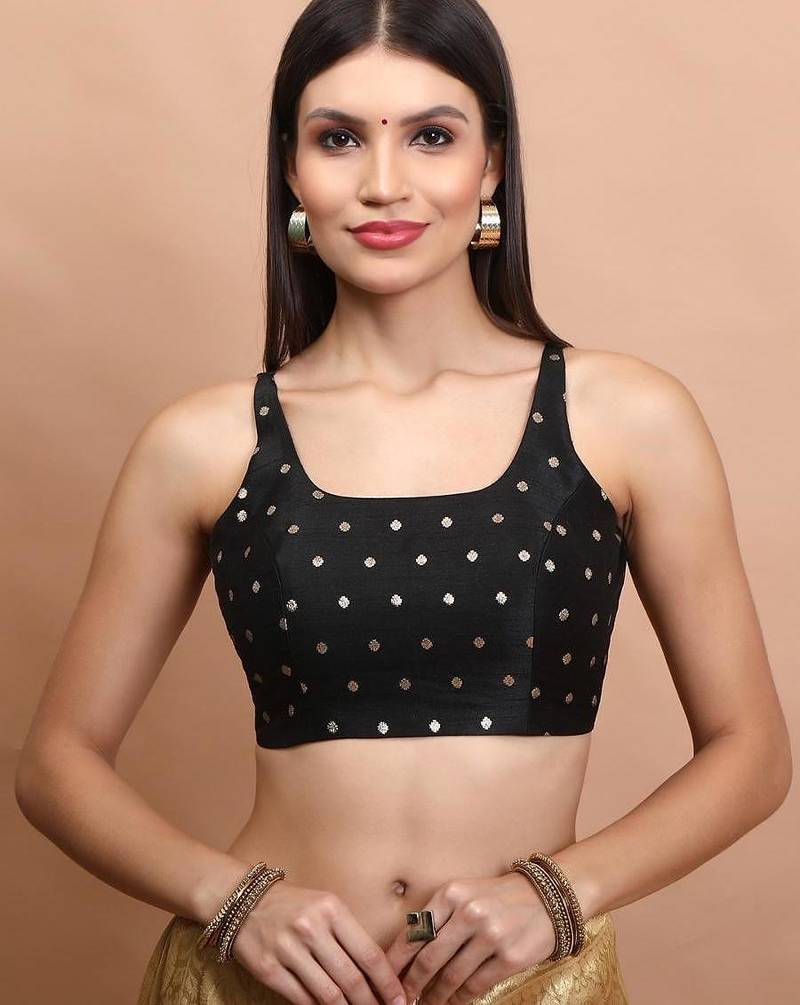 Black Brocade Sleeveless Readymade Blouse