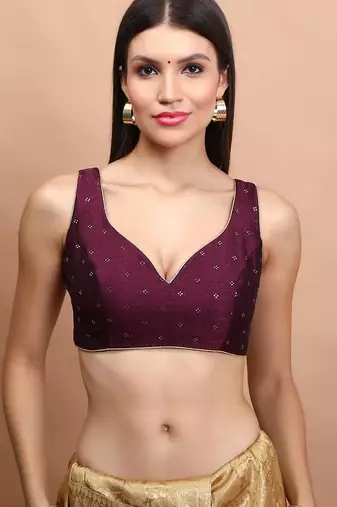 Wine Silk Sleeveless Readymade Blouse