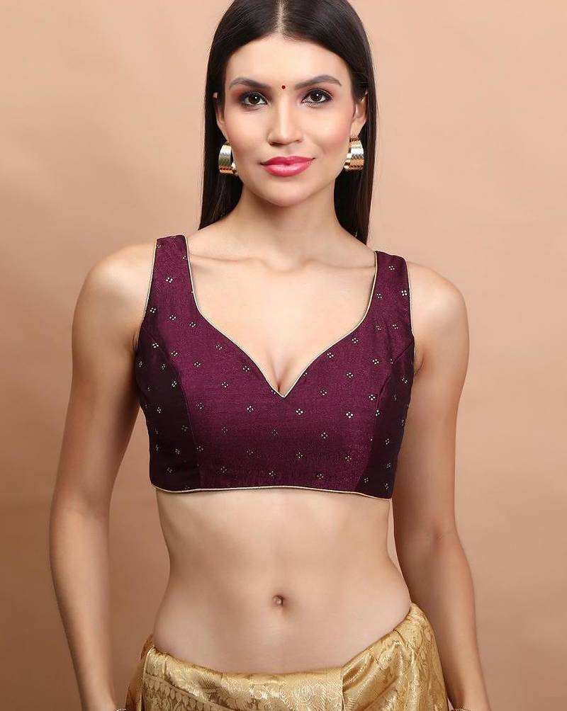 Wine Silk Sleeveless Readymade Blouse