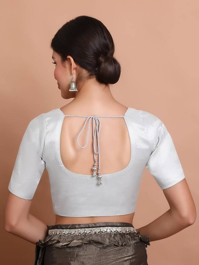 Silver Tissue Round Neck Readymade Blouse