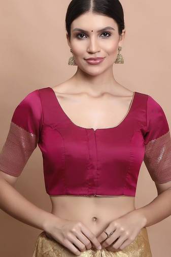 Wine Silk Round Neck Readymade Blouse