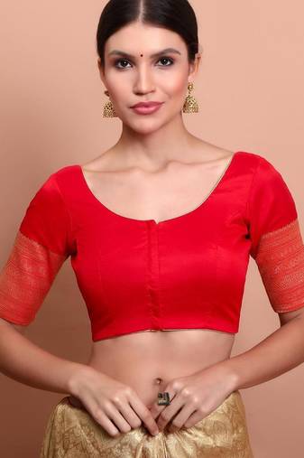 Red Silk Round Neck Readymade Blouse