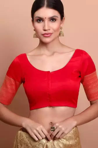 Red Silk Round Neck Readymade Blouse