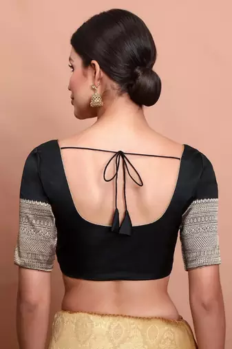 Black Silk Round Neck Readymade Blouse With Elbow Length Sleeves