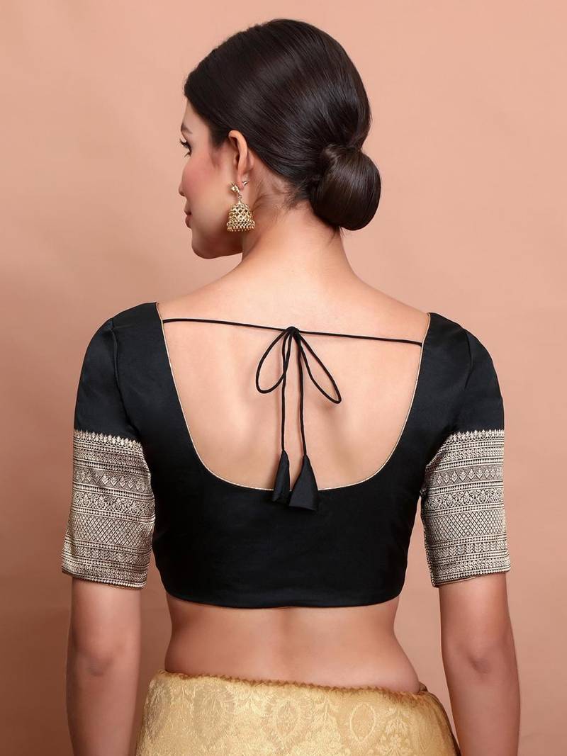 Black Silk Round Neck Readymade Blouse With Elbow Length Sleeves