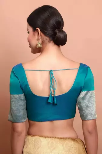 Blue Silk Round Neck Readymade Blouse