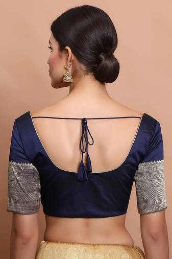 Navy Blue Silk Round Neck Readymade Blouse