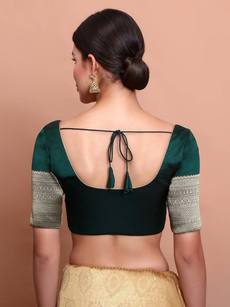 Green Silk Round Neck Readymade Blouse