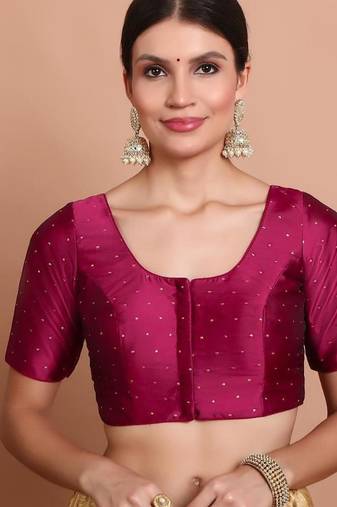 Wine Silk Round Neck Readymade Padded Blouse