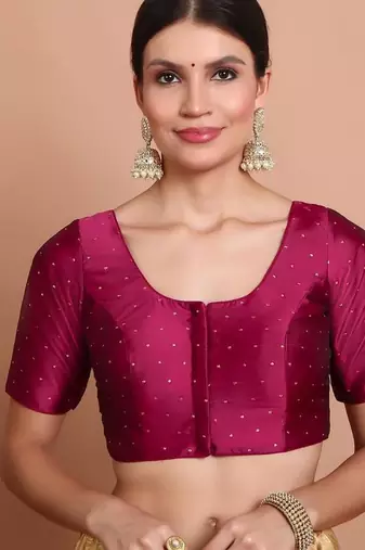 Wine Silk Round Neck Readymade Padded Blouse