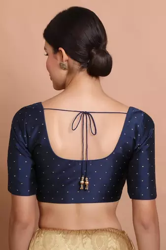 Navy Blue Silk Round Neck Sleeveless Blouse