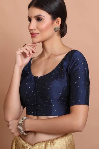 Navy Blue Silk Round Neck Sleeveless Blouse