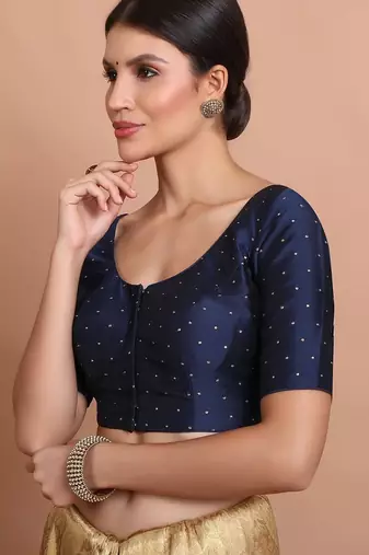 Navy Blue Silk Round Neck Sleeveless Blouse