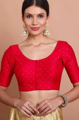 Red Silk Round Neck Readymade Padded Blouse