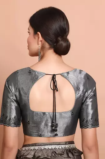 Grey Tissue Emroidered Readymade Blouse