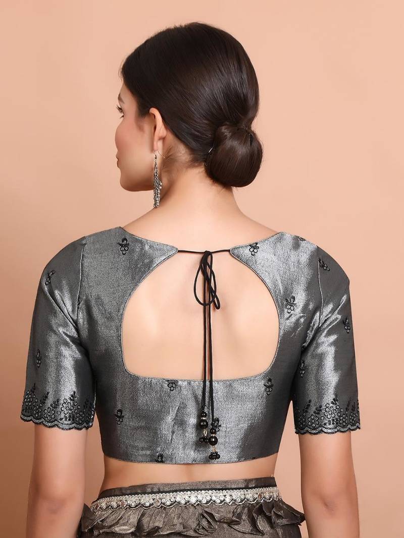 Grey Tissue Emroidered Readymade Blouse