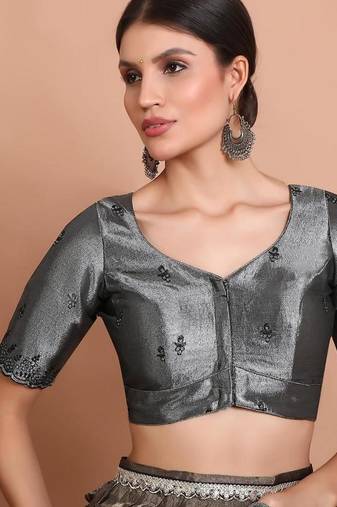 Grey Tissue Emroidered Readymade Blouse