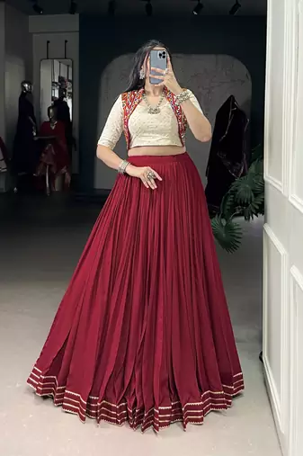 Women's Maroon Rayon Lehenga Choli with Gotta Patti Lace