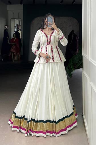 white Rayon Chaniya Choli with Embossed Design & Lace Detailing