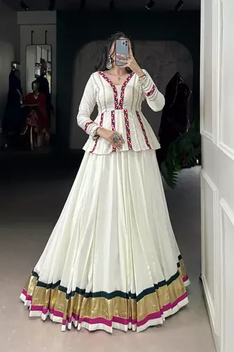 white Rayon Chaniya Choli with Embossed Design & Lace Detailing