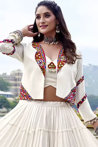 white Gamthi Mirror Work & Kodi Lace Chaniya Choli