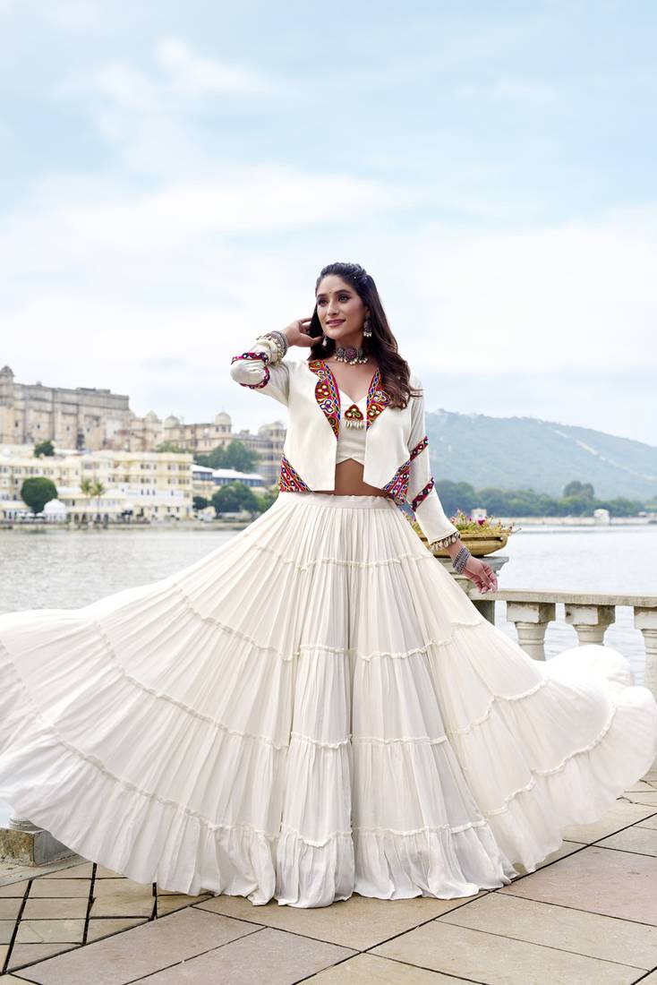 white Gamthi Mirror Work & Kodi Lace Chaniya Choli