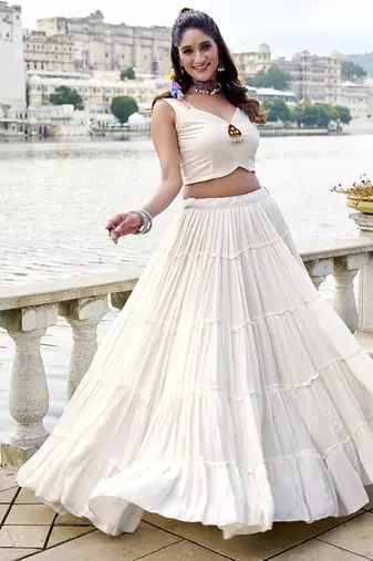 white Gamthi Mirror Work & Kodi Lace Chaniya Choli
