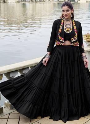 Black Cotton Navratri Lehenga Choli with Mirror-Trim Jacket & Cowries Garba Dress for Women 1