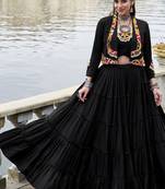 Black Cotton Navratri Lehenga Choli with Mirror-Trim Jacket & Cowries Garba Dress for Women