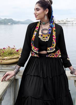 Black Cotton Navratri Lehenga Choli with Mirror-Trim Jacket & Cowries Garba Dress for Women 2